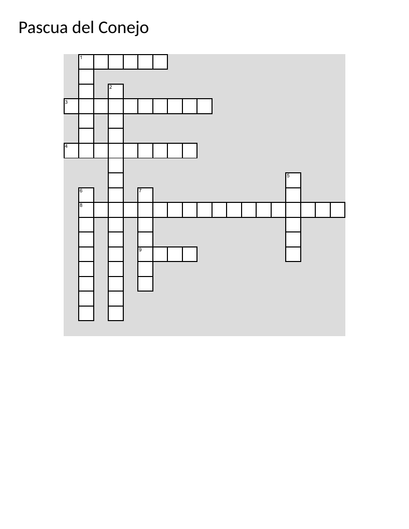 Easter vocabulary crossword in Spanish with rabbit, eggs, and carrots.