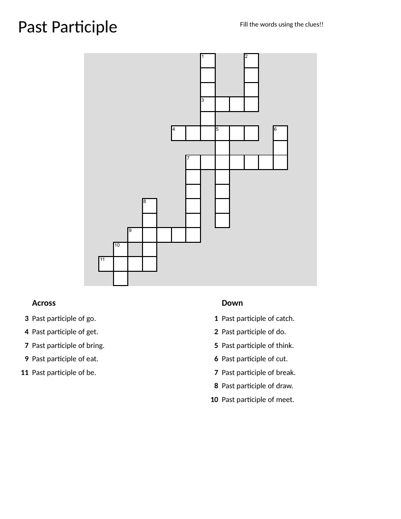 Past participle grammar crossword with irregular verbs like bring, eat, and break.