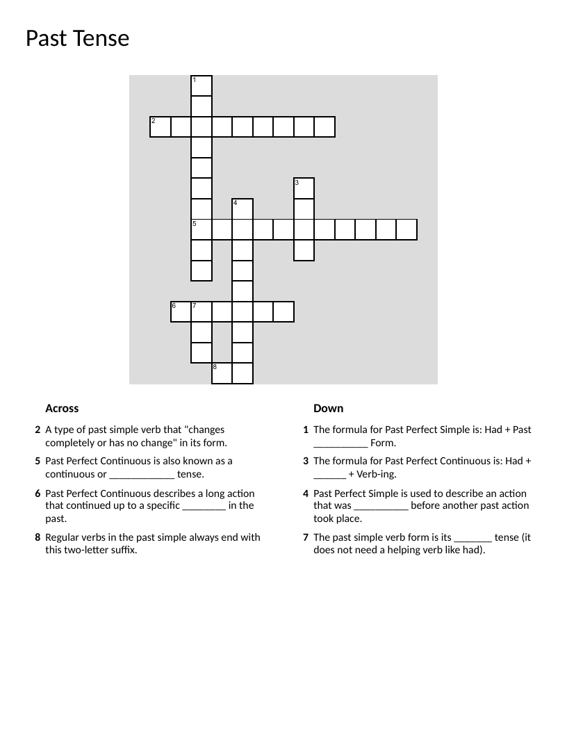 Past tense grammar crossword covering irregular verbs and past perfect tense.