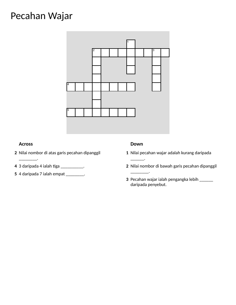 Malay proper fractions crossword with numerator, denominator, and fraction vocabulary.