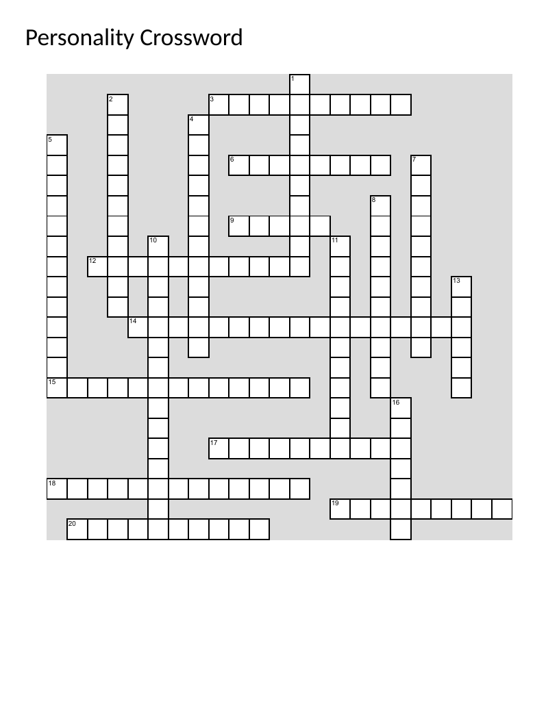 Personality psychology crossword with defense mechanisms, Big Five traits, and psychologists.