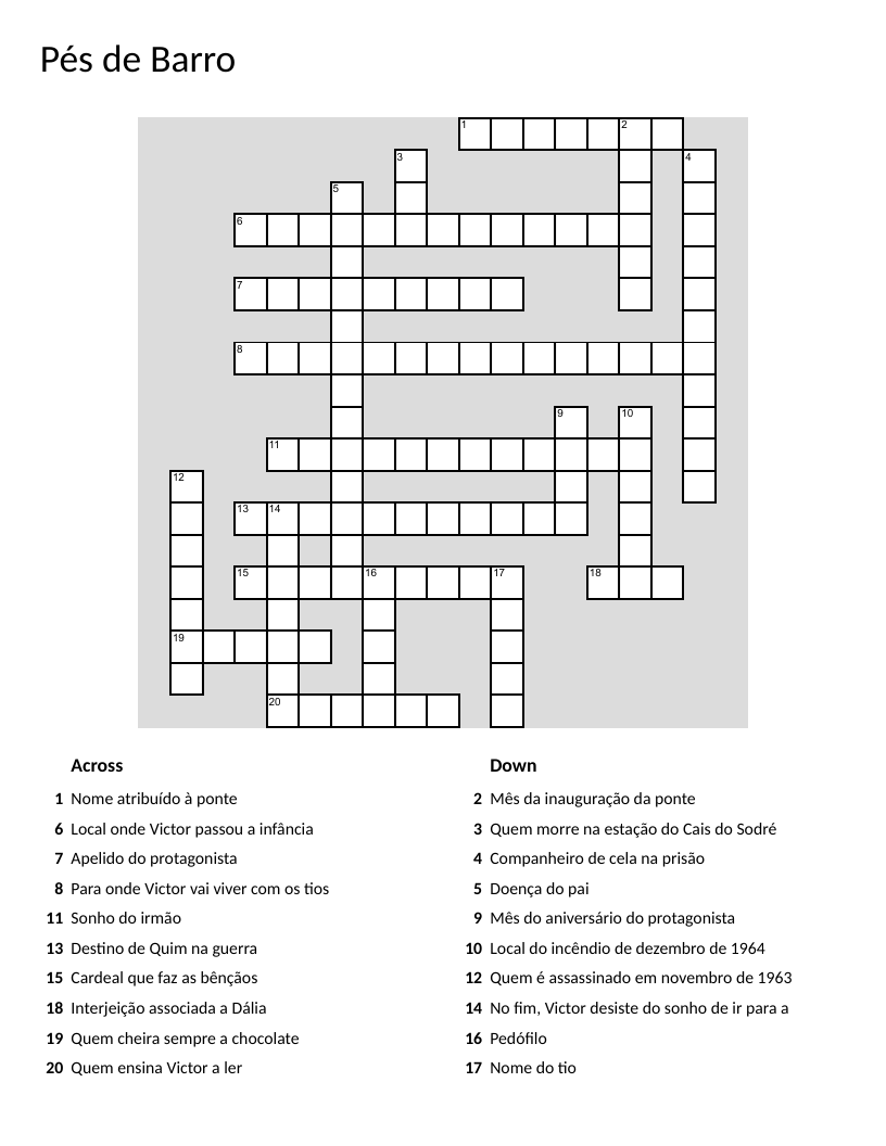 Portuguese literature crossword for the novel Pés de Barro with characters and plot details.