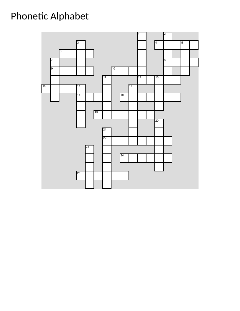 NATO phonetic alphabet crossword with code words like Alpha, Bravo, and Charlie.