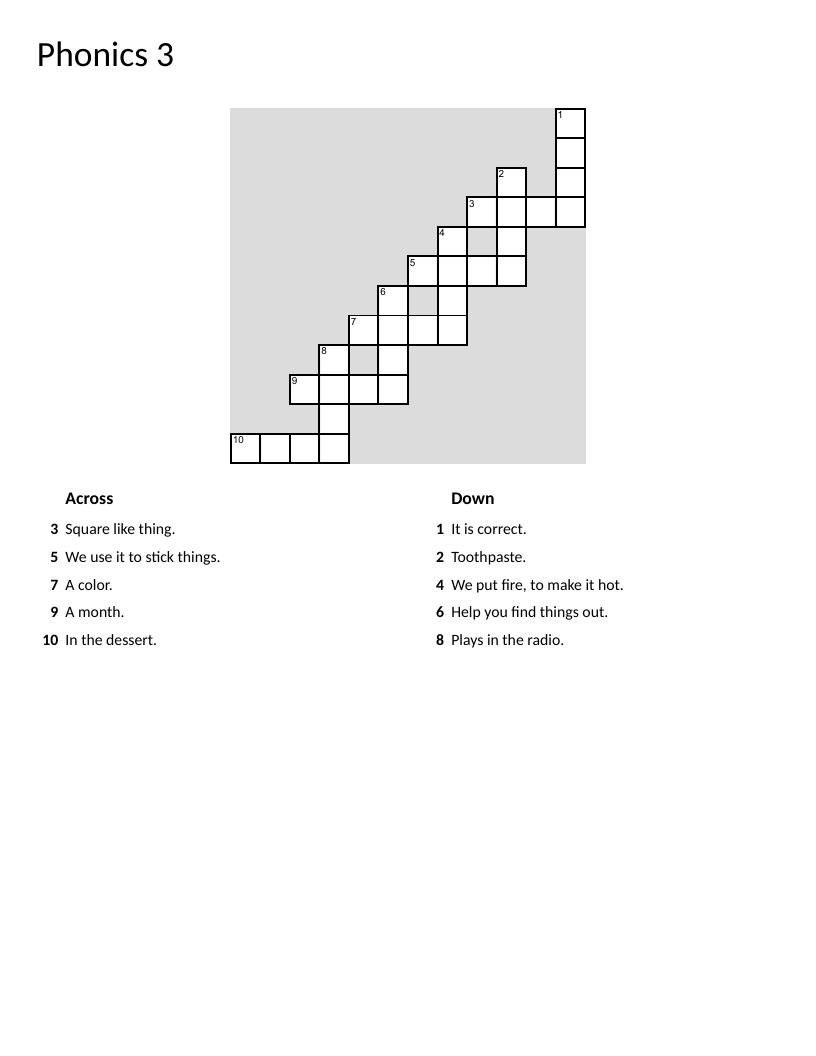 Phonics crossword with long "oo" sound words: blue, tune, cube, clue.