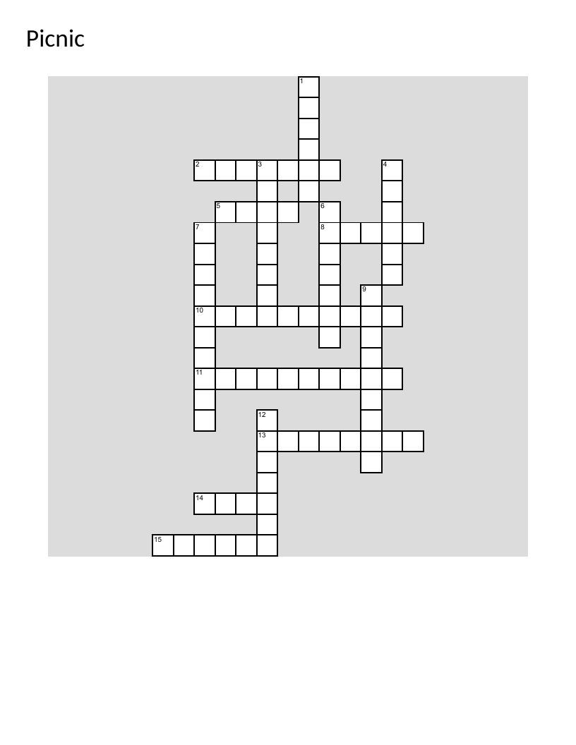 Picnic crossword with summer foods, games, and outdoor activities for young learners.
