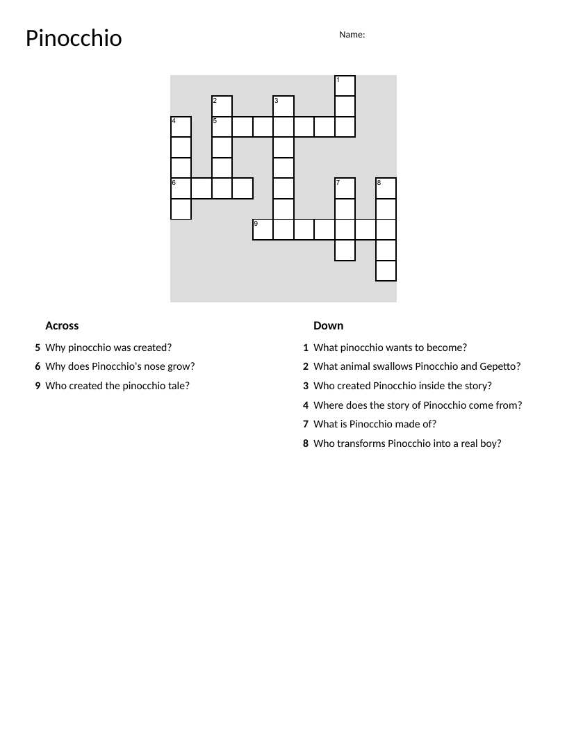 Pinocchio fairy-tale crossword with clues about the wooden puppet and classic story moments.