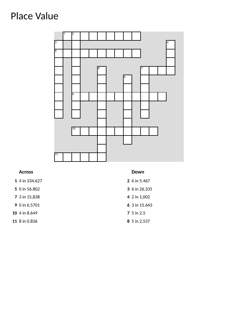 Place value crossword with whole numbers and decimals for elementary math.