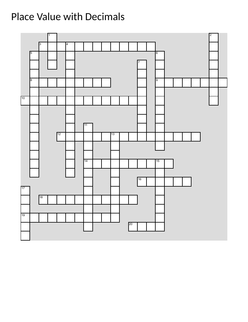Place value crossword with decimal numbers and place-name vocabulary.