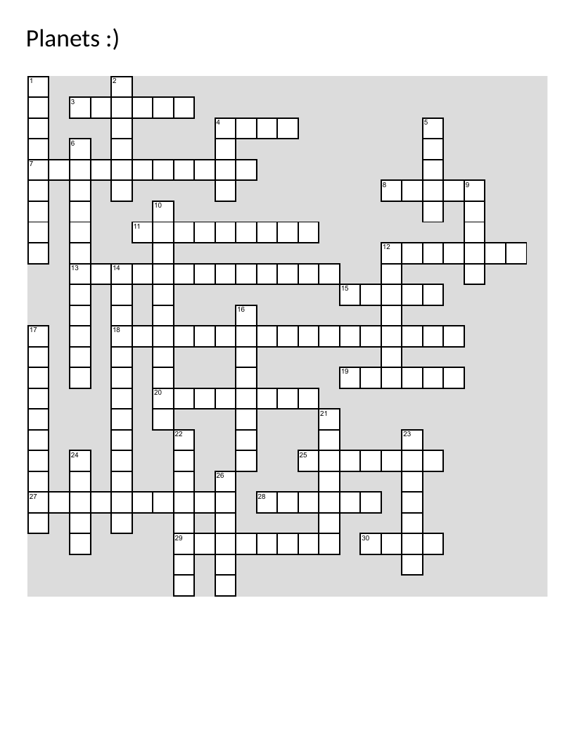 Planets and solar system crossword with Mercury, Jupiter, Saturn, Mars, and Earth.