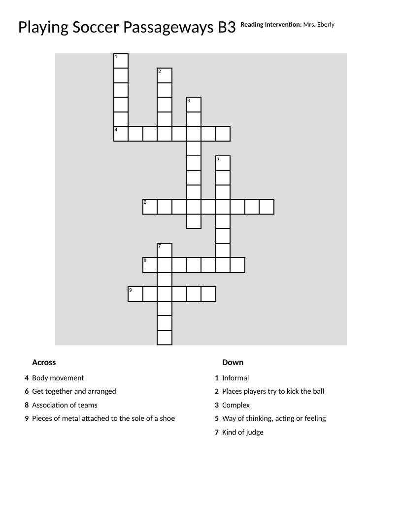 Soccer vocabulary crossword puzzle with words like cleats, referee, and goals.