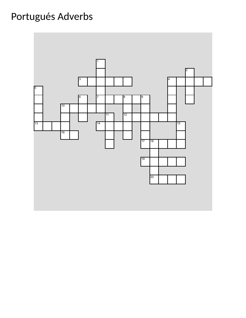 Portuguese adverbs crossword with vocabulary like amanhã, sempre, and nunca.