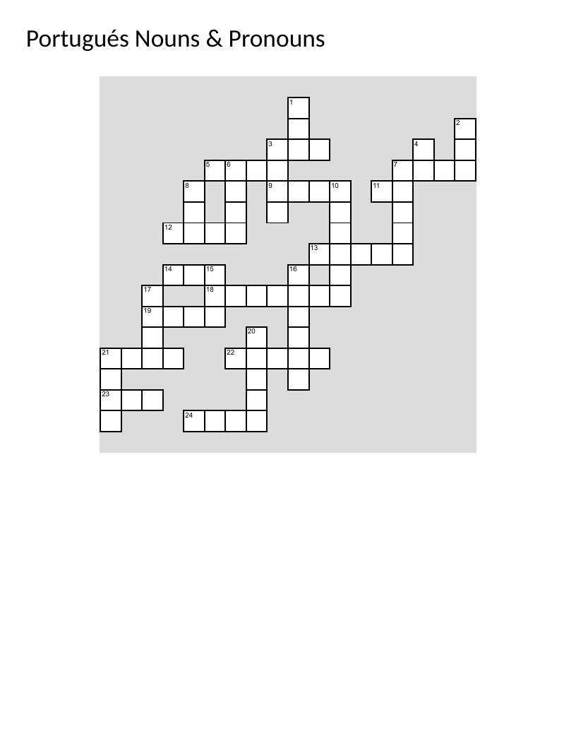 Portuguese nouns and pronouns crossword with vocabulary like casa, mundo, and eu.