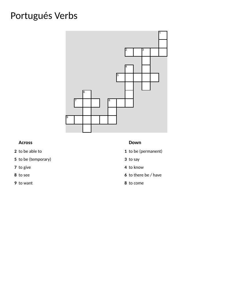 Portuguese verbs crossword with ser, estar, poder, and querer.