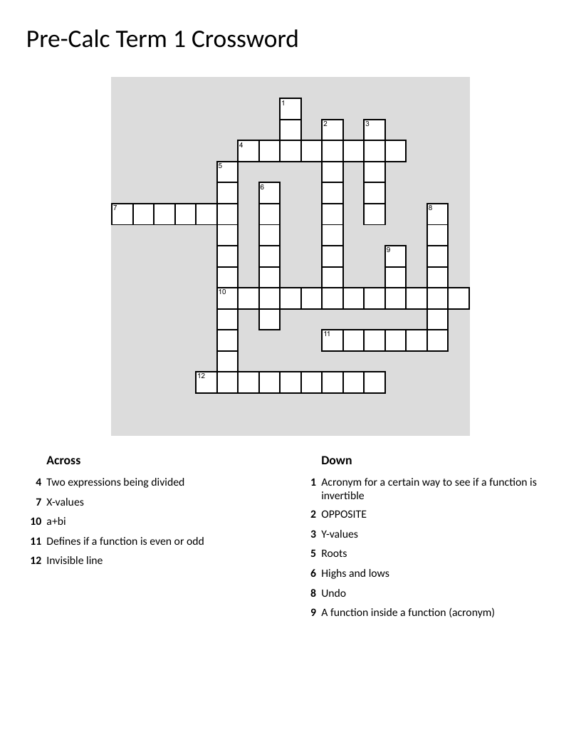 Pre-calculus crossword with domain, range, asymptote, and complex numbers.