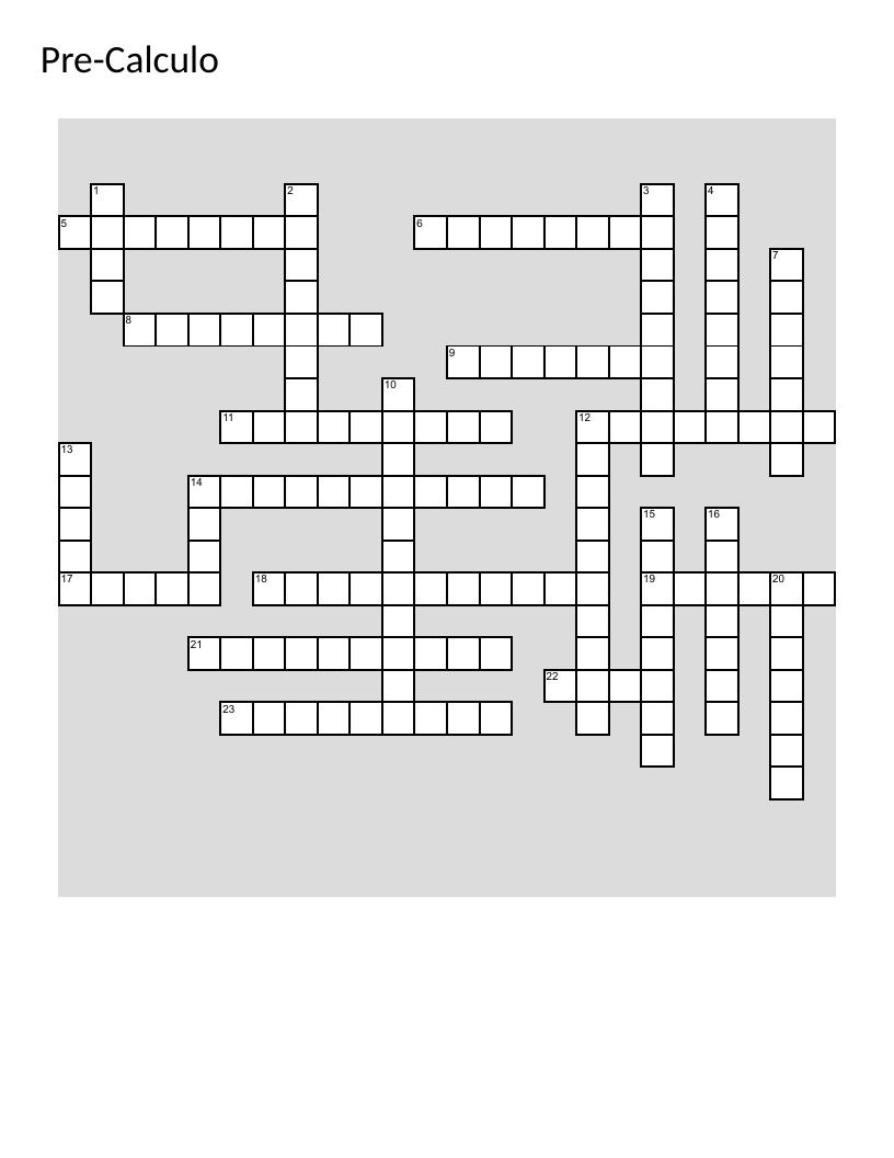 Pre-calculus algebra crossword in Spanish with polynomial, equation, and exponent vocabulary.