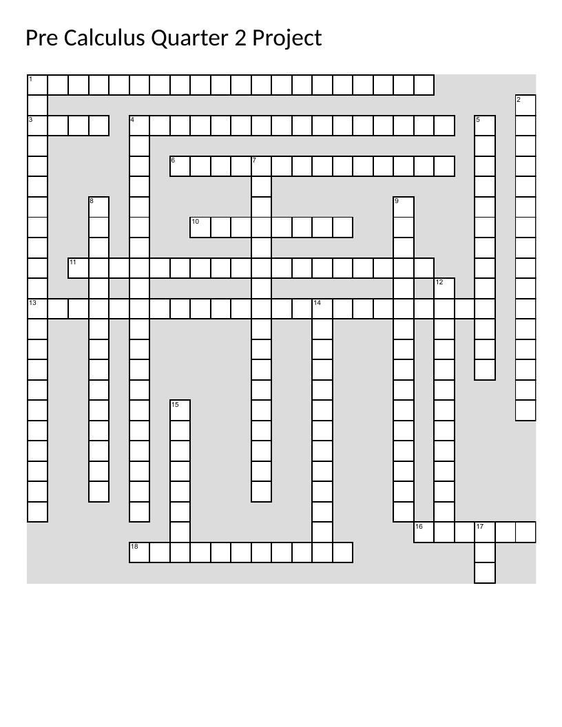 Pre-calculus crossword with asymptotes, function transformations, and linear equations.