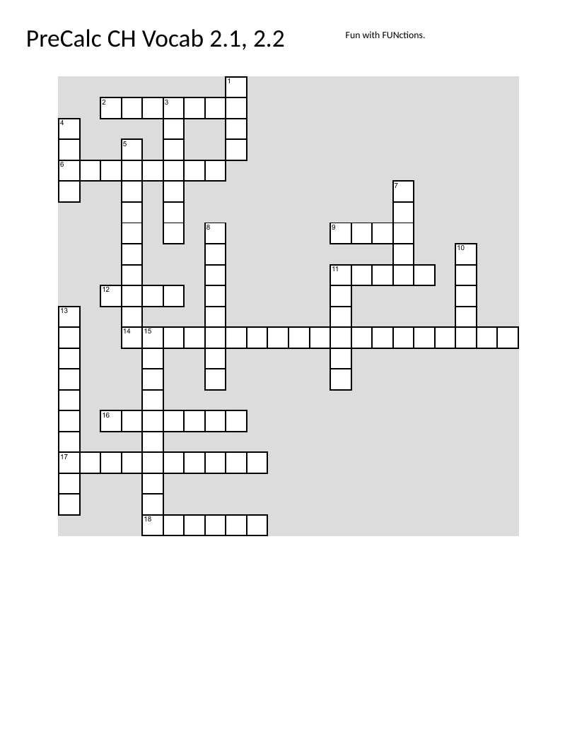 Precalculus vocabulary crossword with polynomial functions, leading coefficient, and end behavior.