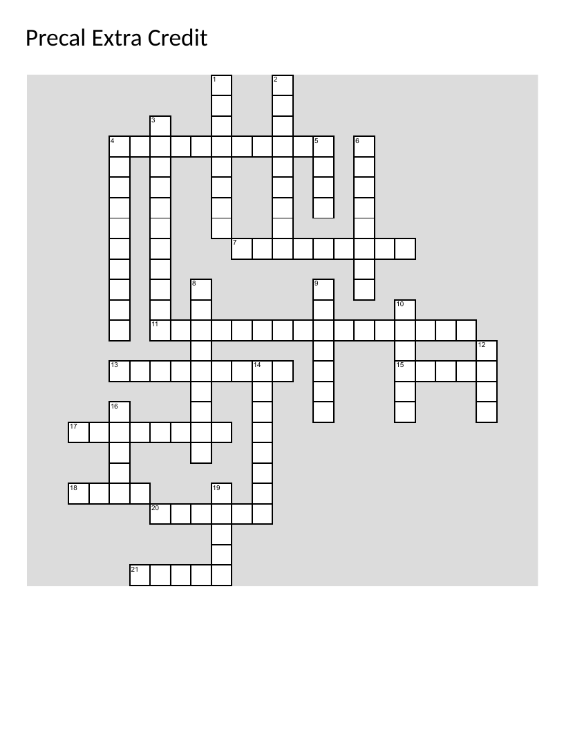 Precalculus vocabulary crossword with terms like function, quadratic, and parabola.