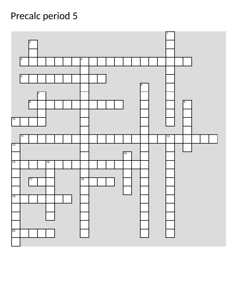 Precalculus crossword with clues about asymptotes, inverse functions, and exponential growth.