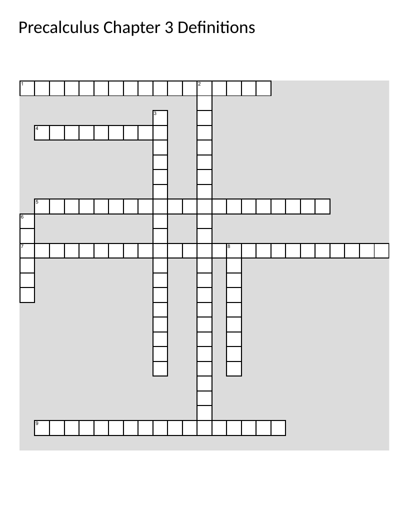 Precalculus crossword covering asymptotes, rational functions, period, and amplitude.