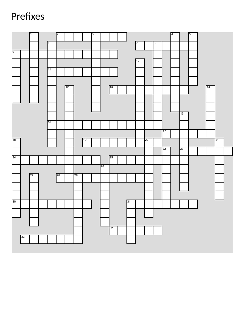 English prefixes crossword with words like interact, disagree, and impossible.