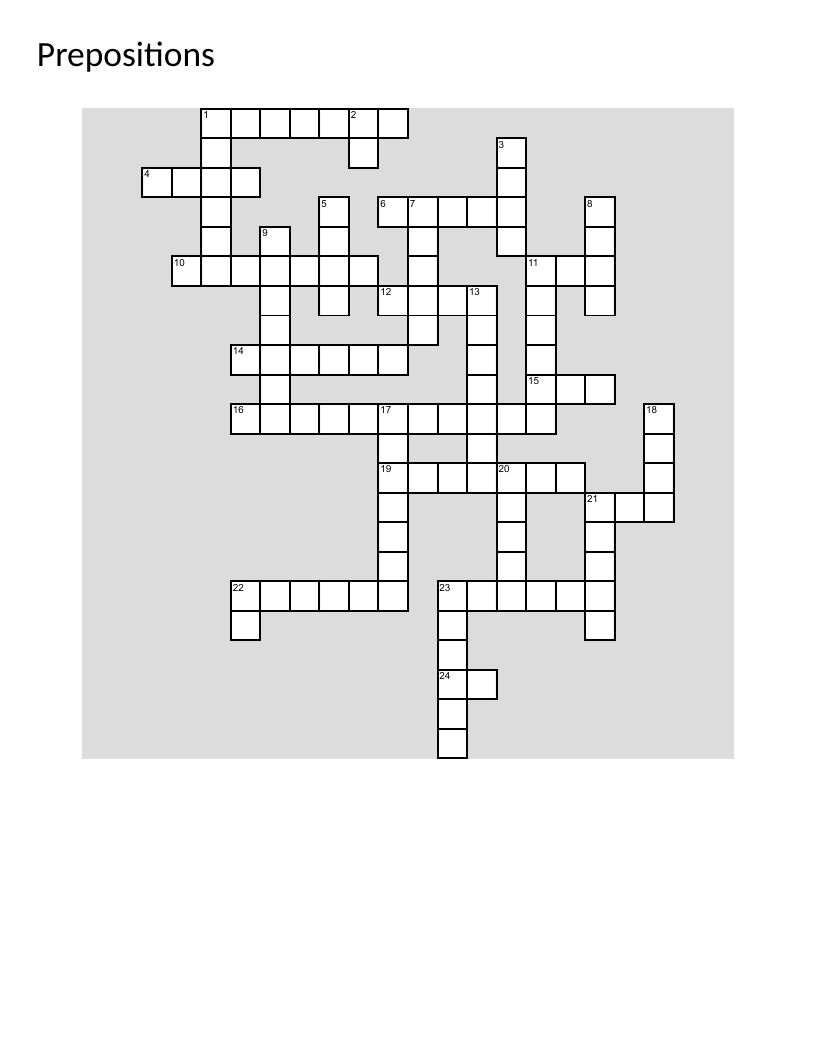 Hebrew prepositions crossword with English answers like behind, between, and inside.
