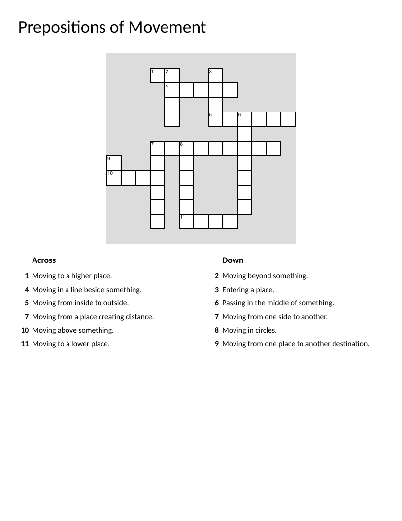 Prepositions of movement crossword with directional words like across, through, and around.