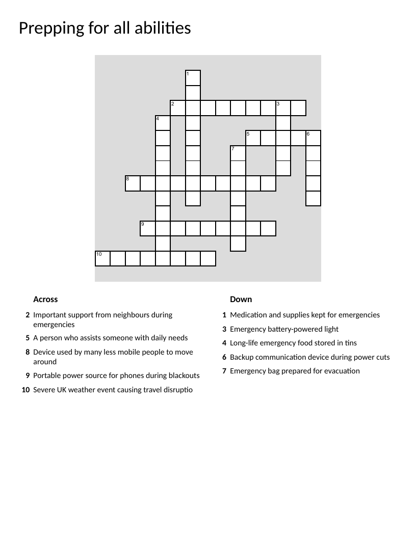 Emergency preparedness crossword with accessibility, community support, and disaster planning vocabulary.