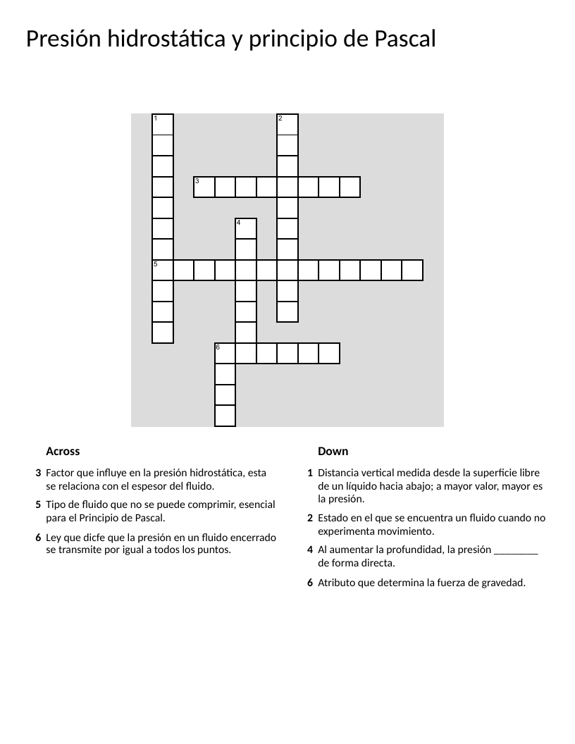 Spanish physics crossword on hydrostatic pressure and Pascal's principle with terms like density and equilibrium.