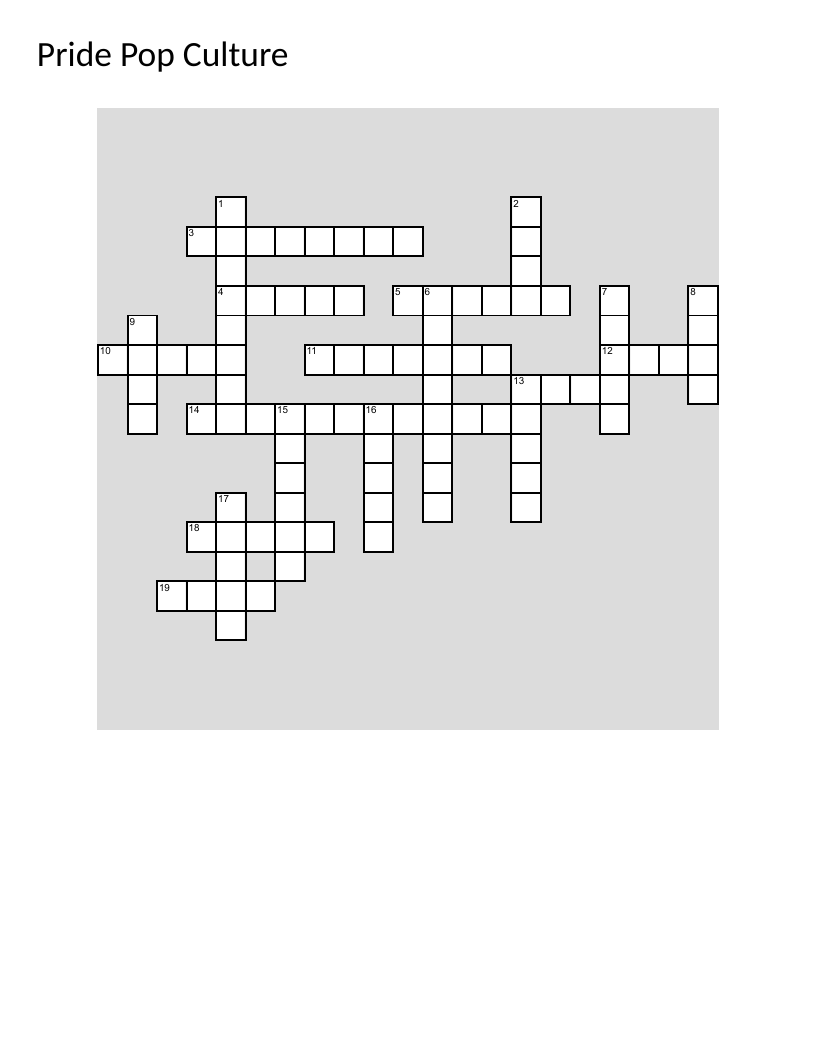 Pride pop culture crossword with LGBTQ+ icons, Heartstopper, Pose, and Lady Gaga.