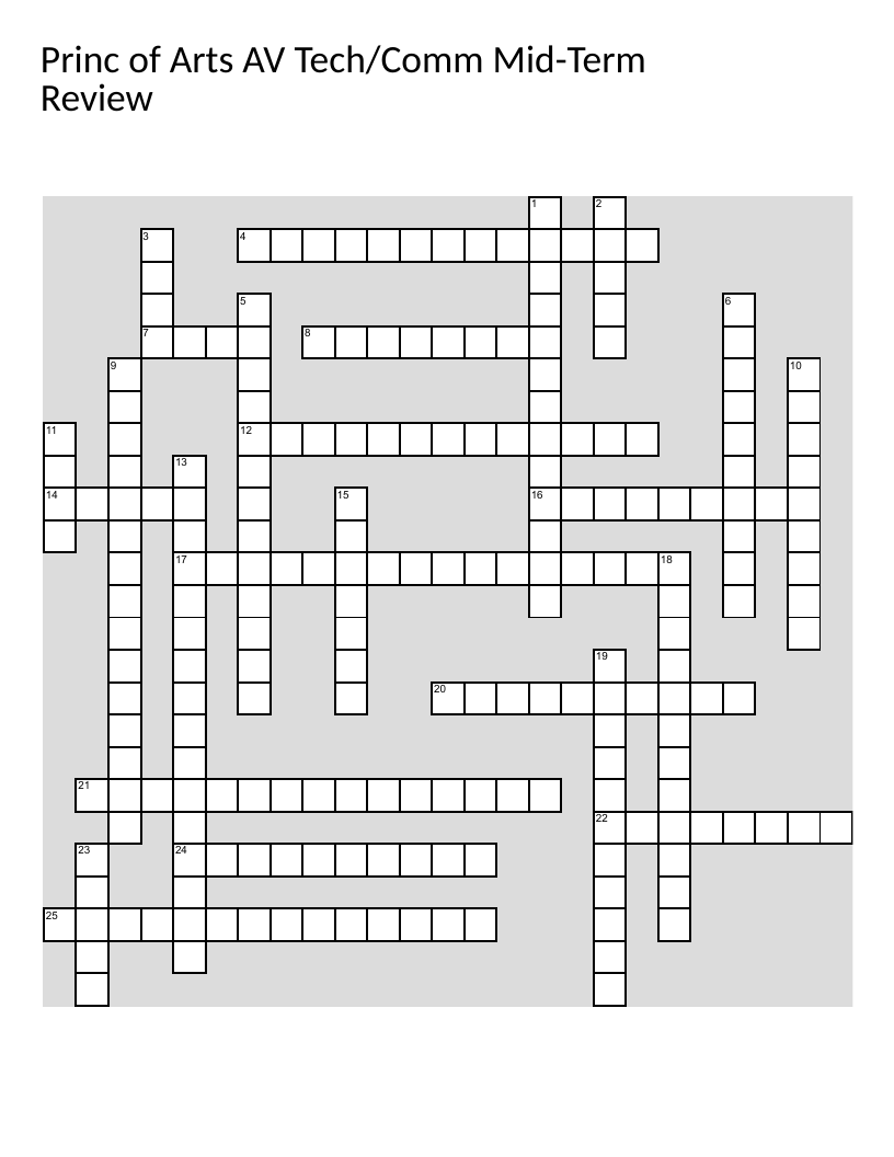 Art and audio-visual technology crossword covering graphic design, animation, and color theory.