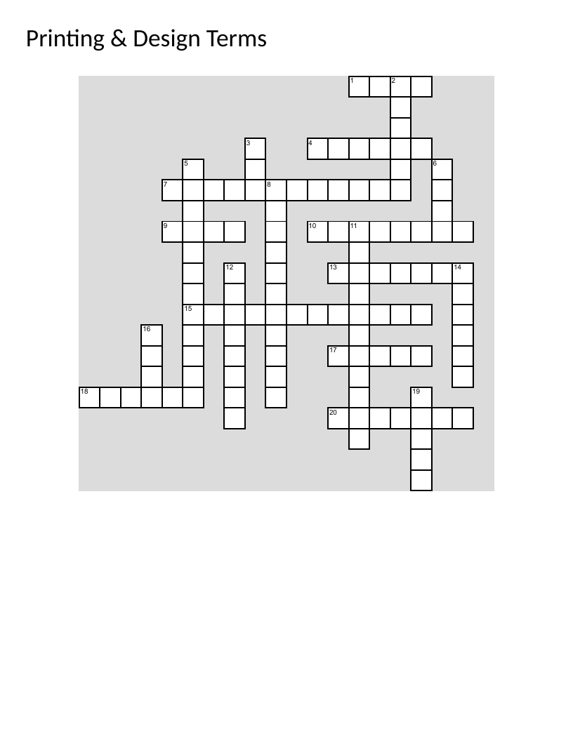 Printing and design terms crossword with vocabulary like kerning, halftone, and CMYK.