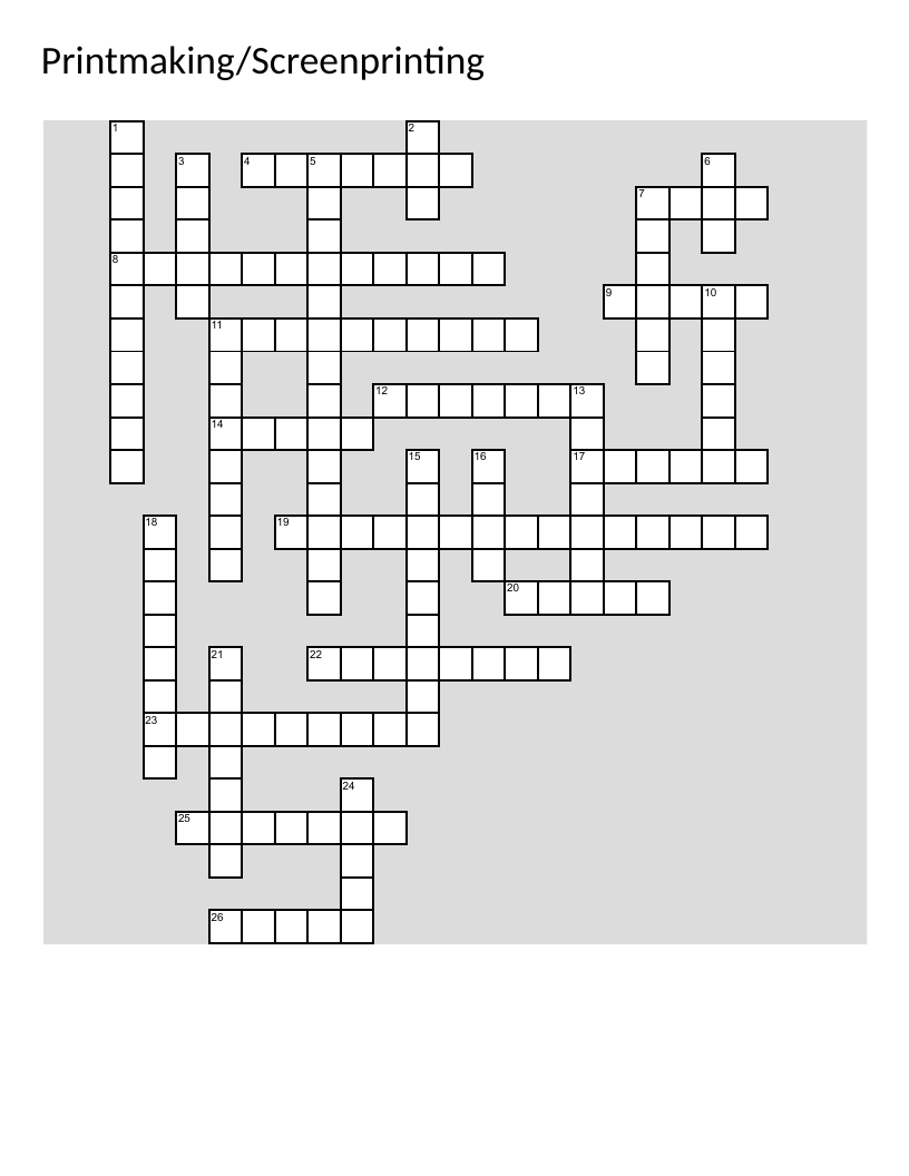 Printmaking and screenprinting crossword with etching, relief printing, and Pop Art vocabulary.