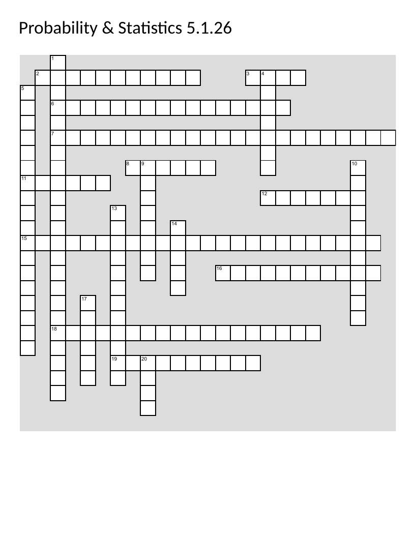 Probability and statistics crossword with vocabulary like mean, median, probability, and variance.
