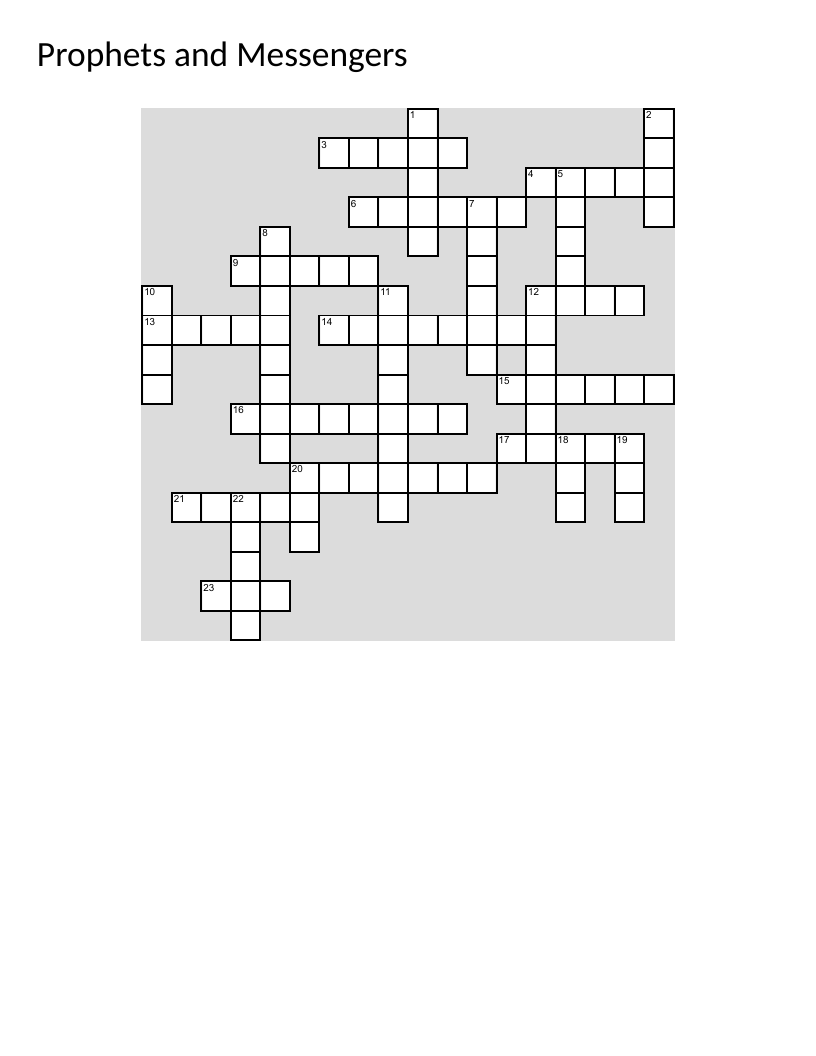 Islamic crossword on prophets and messengers, featuring Muhammad, Musa, Ibrahim, and others.