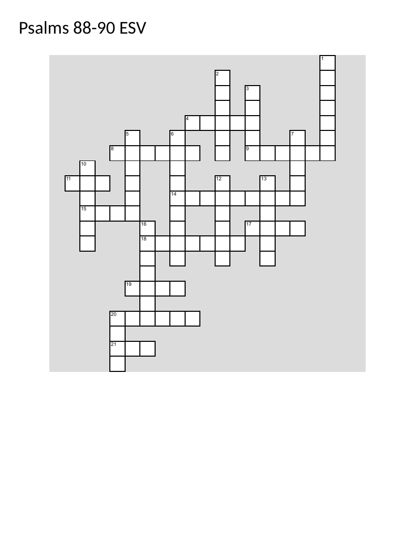 Bible crossword puzzle for Psalms 88–90 with themes of covenant, wisdom, and steadfast love.