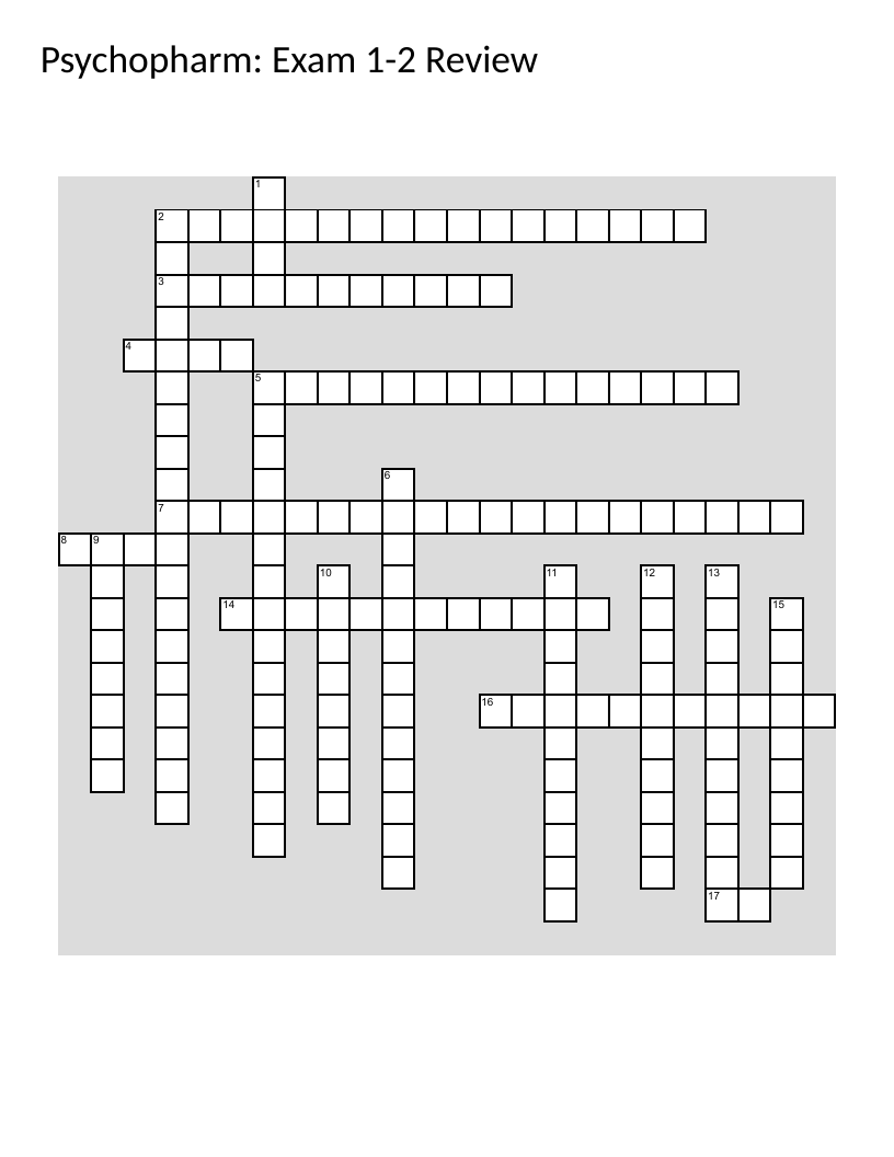 Psychopharmacology crossword with dopamine pathways, SSRIs, and neurotransmitter concepts.