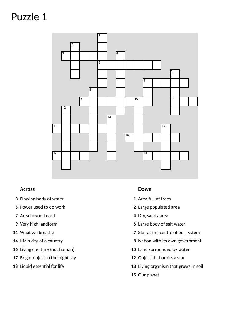 Earth science crossword with vocabulary like mountain, desert, ocean, and planet.