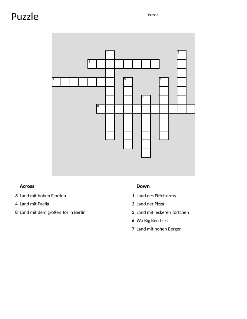 German language crossword about European countries: Norway, Spain, Germany, France, Italy.
