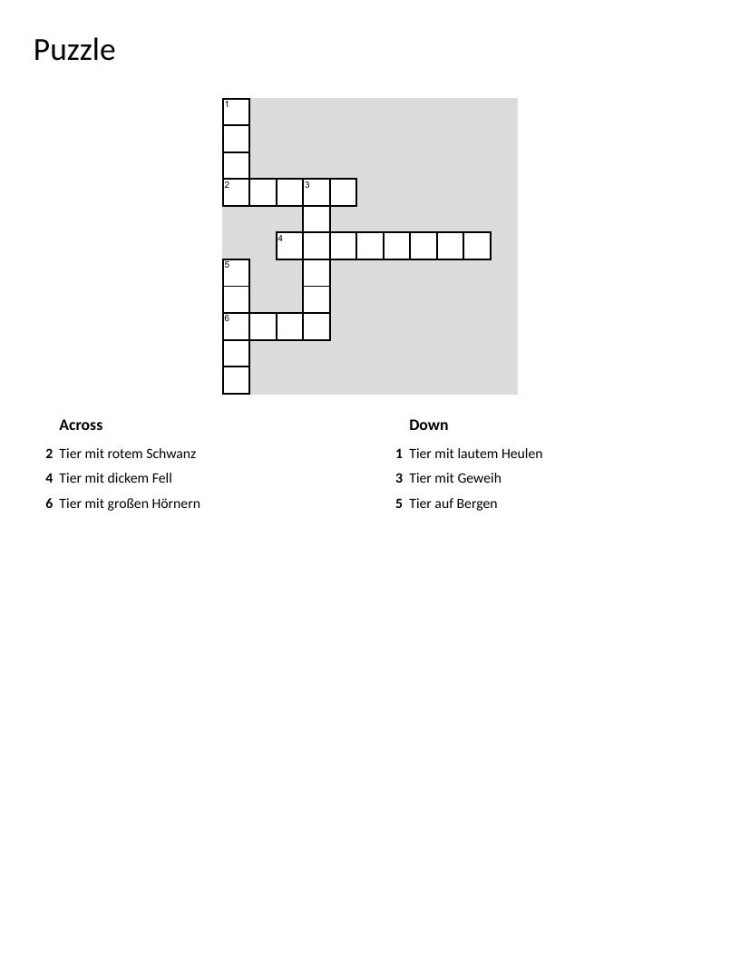 German animals crossword with fox, bear, moose, wolf, deer, and goat.