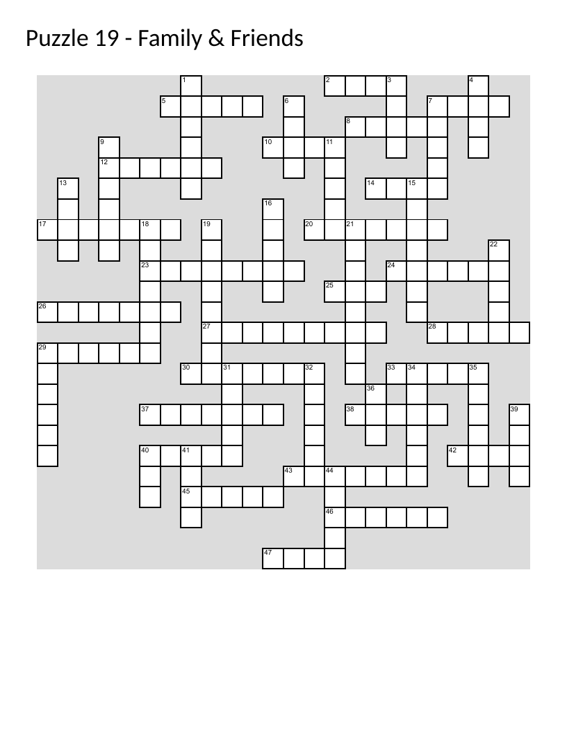 Family and friends crossword with vocabulary on relationships, values, and kinship.