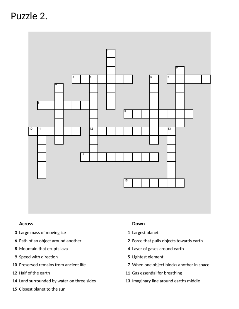Earth science crossword with glaciers, volcanoes, planets, gravity, and atmosphere.