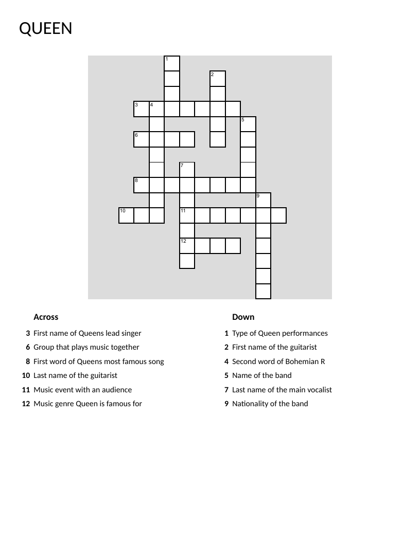 Queen band crossword with Freddie Mercury, Bohemian Rhapsody, and rock music clues.