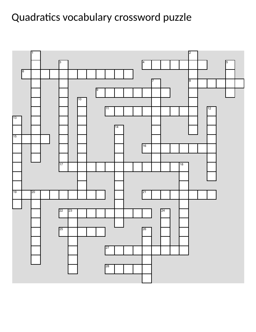 Quadratics vocabulary crossword with parabola, vertex, and axis of symmetry.