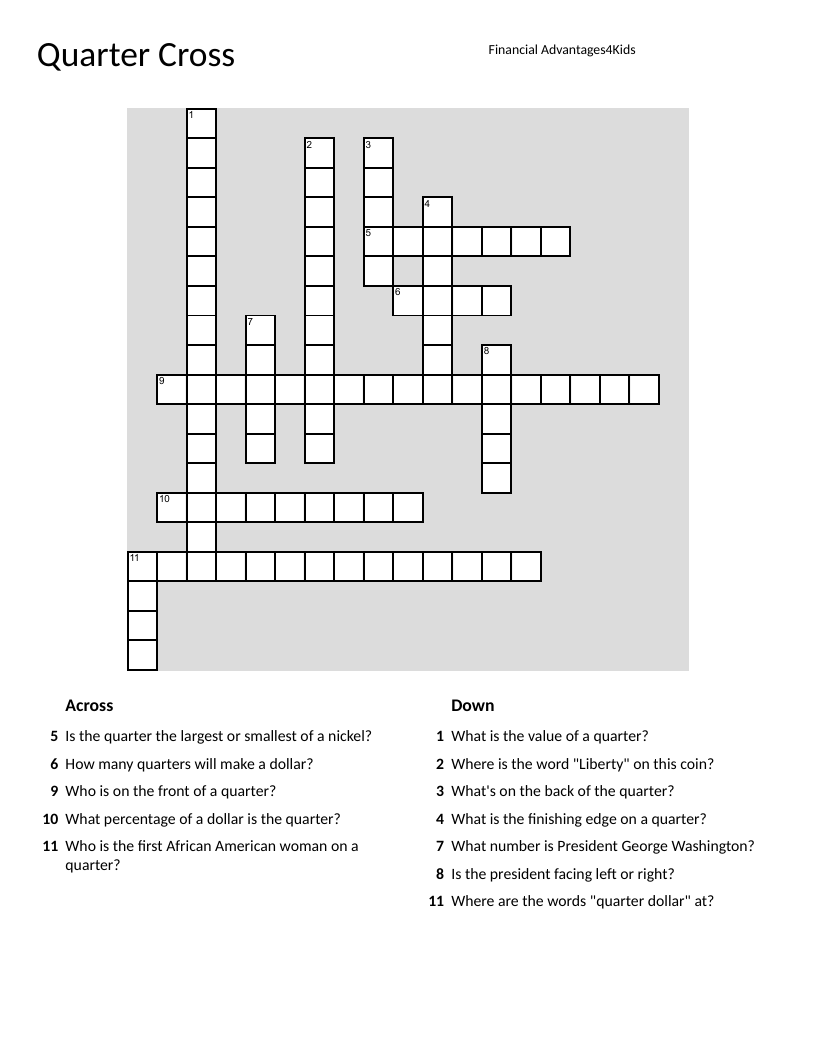 U.S. quarter crossword puzzle with clues about coin value and design.