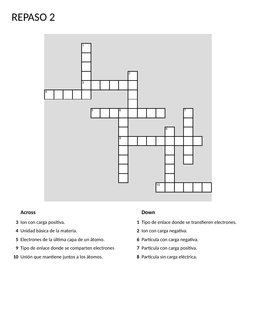 Chemistry crossword in Spanish with atoms, ions, electrons, and chemical bonding vocabulary.
