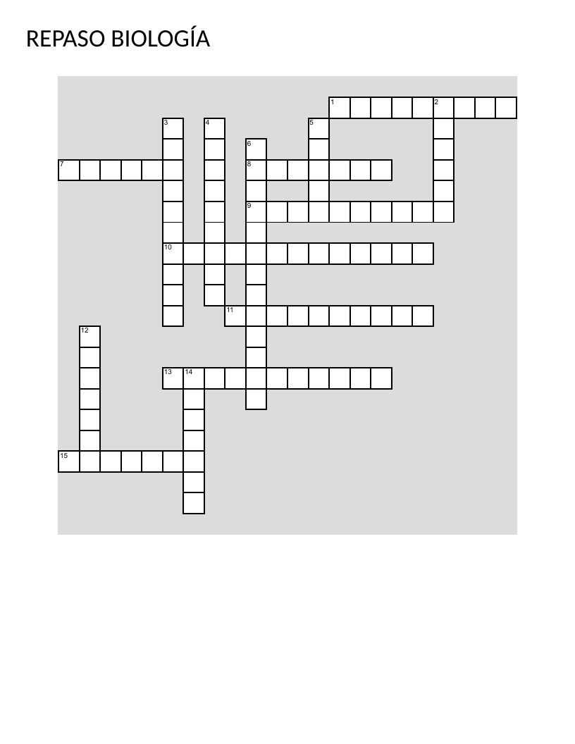 Spanish biology crossword with clues about cells, DNA, and ecosystems.