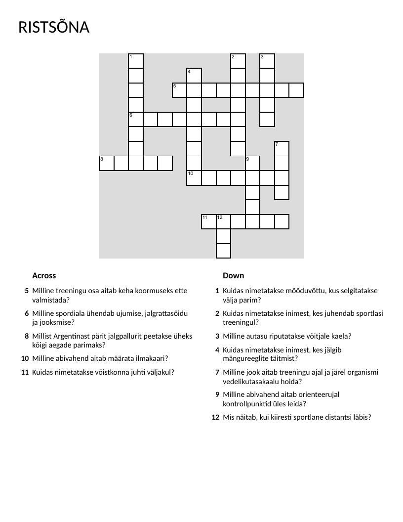 Estonian sports vocabulary crossword with words for training, competition, and athletics.
