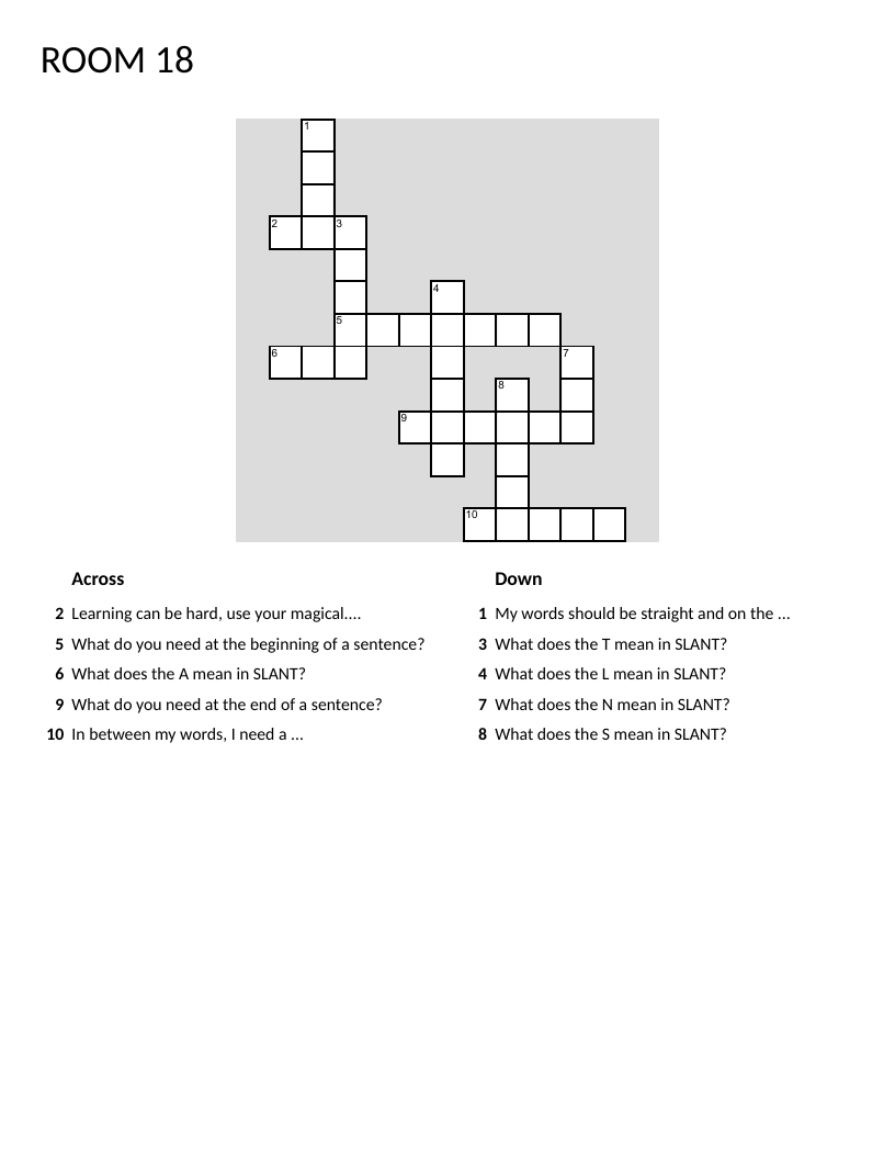 Handwriting crossword with clues about capitals, punctuation, and the SLANT strategy.