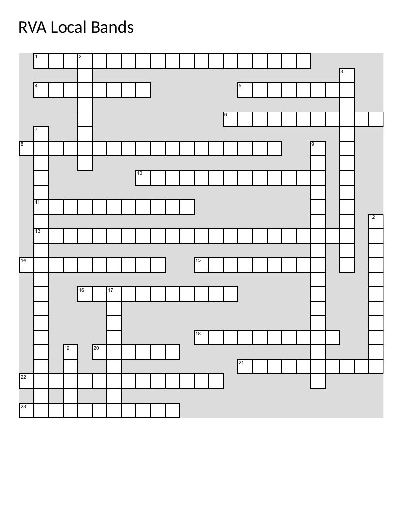 Richmond Virginia local bands crossword featuring Sparklehorse, GWAR, and Windhand.